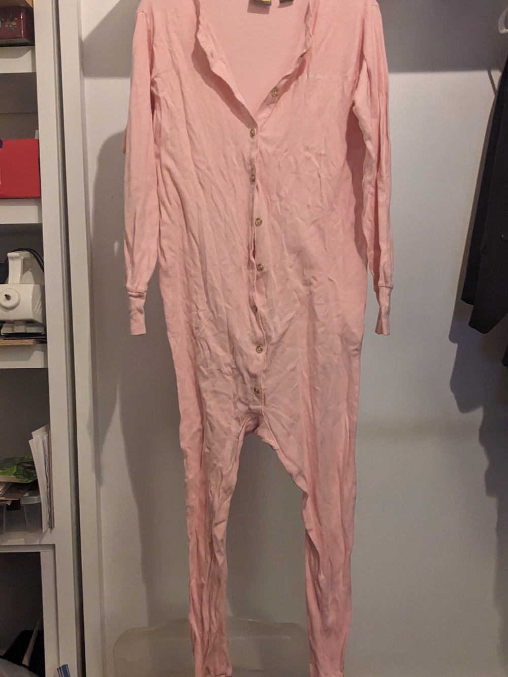 100% Cotton Pink Long-Sleeve Button-Front One-Piece Pajama Long Johns Jumpsuit
